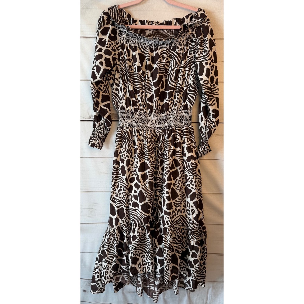 Adam Lippes Collective Animal Print Smocked Cotton Midi Dress Brown White 6